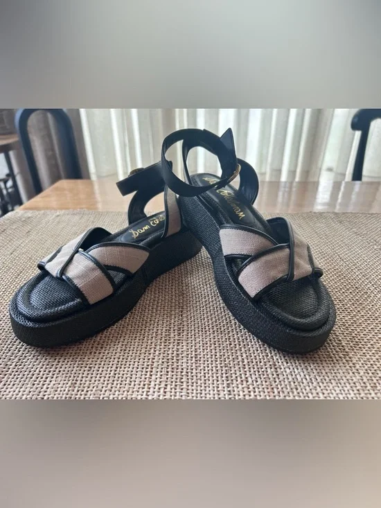 Sam Edelman Nylie Black Leather&Natural Linen Platform Ankle Strap Sandal.Size 8 - Picture 1 of 9